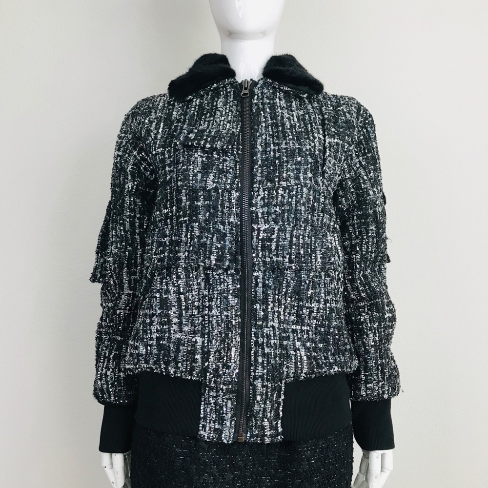 JOCELYN tweed boucle bomber jacket w/ fur trim
